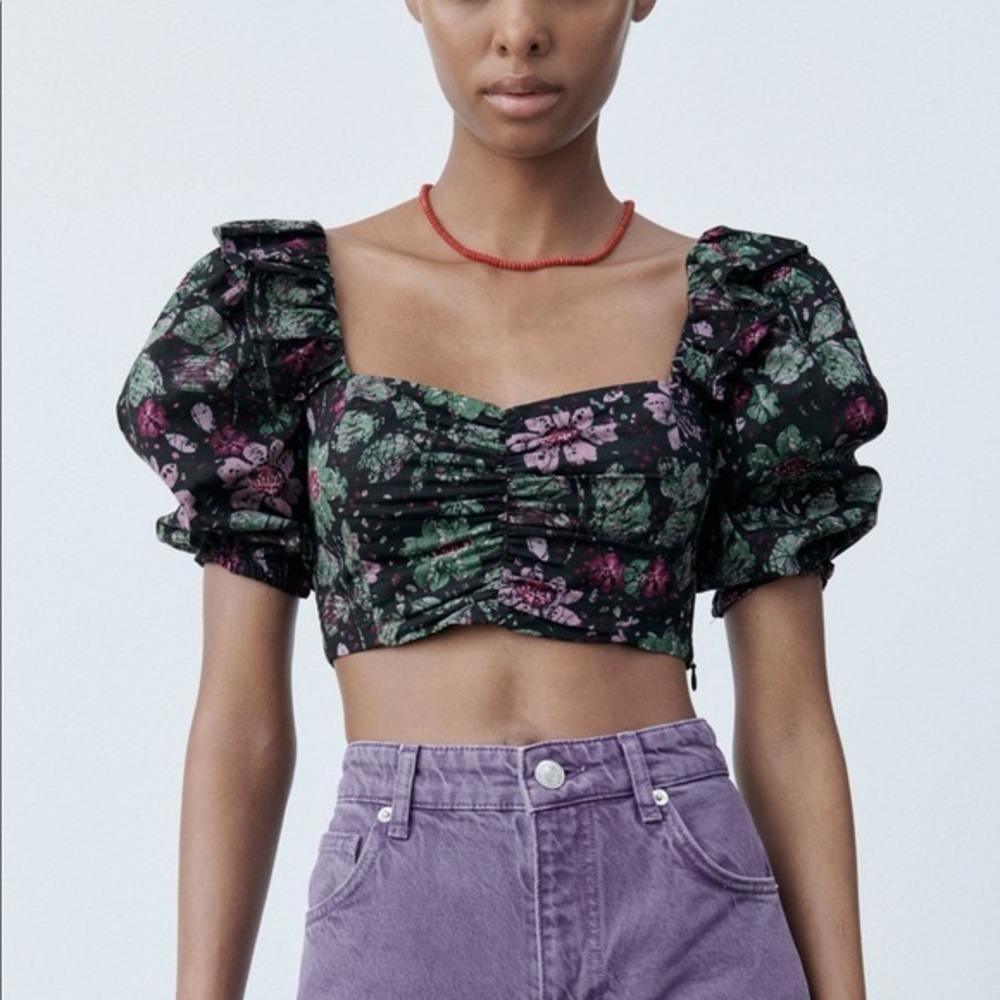 Zara Black and Purple Floral Crop Top